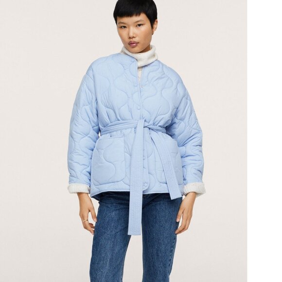 NWOT Mango Belt Quilted Coat in Sky Blue -- Size XS - Picture 2 of 8